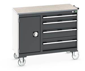Bott Cubio Mobile Cabinet / Maintenance Trolley measuring 1050mm wide x 525mm deep x 890mm high. Storage comprises of 1 x Cupboard (400mm wide x 600mm high) and 4 x 650mm wide Drawers (1 x 100mm, 2 x 150mm & 1 x 200mm high).... Bott Mobile Storage 1050 x 750